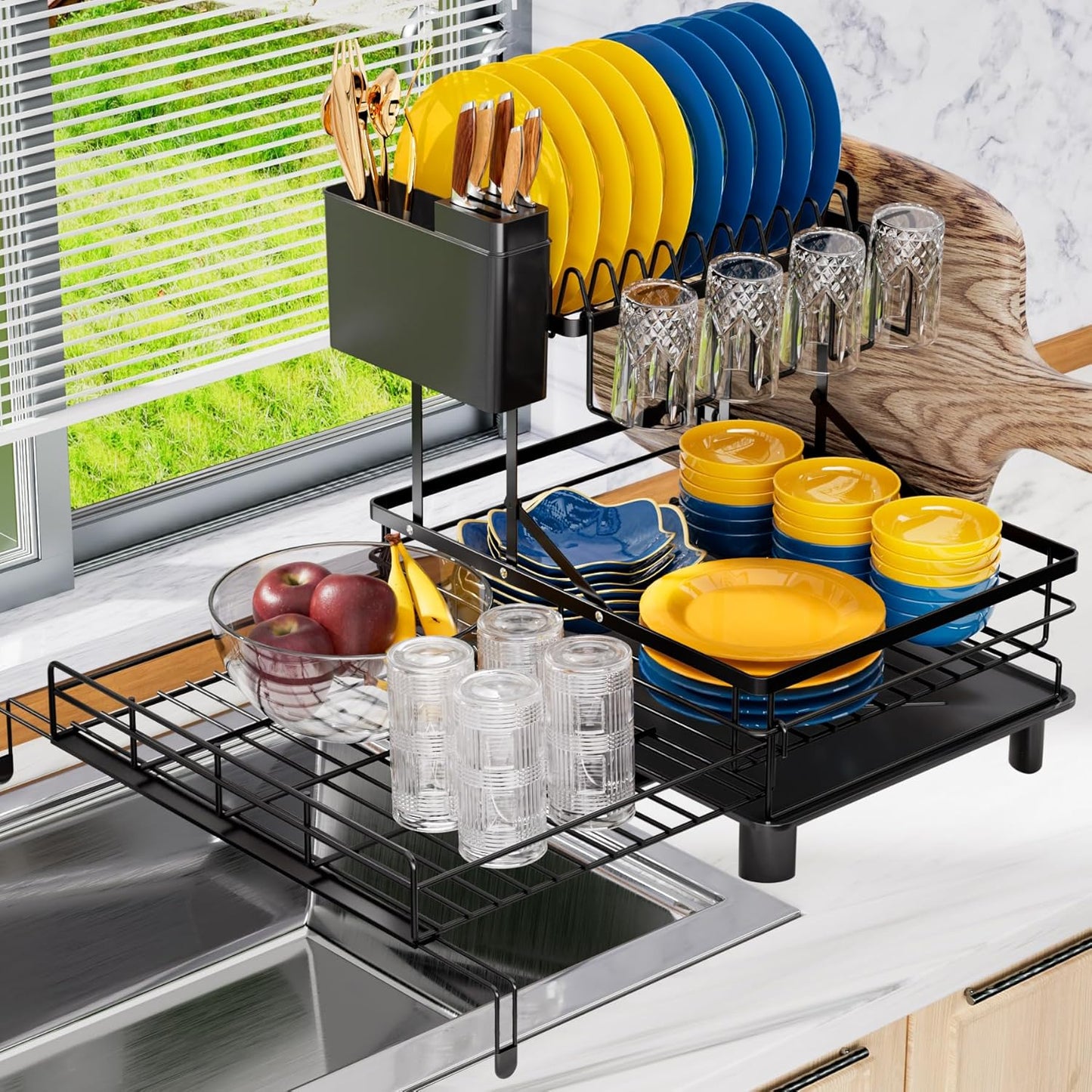 YEYPOP Expandable Dish Drying Rack, Stainless Steel 2 Tier Dish Rack w Drainboard, Large Dish Drainer for Kitchen Counter, Cup Holder and Cutting Board Rack (B-Black)
