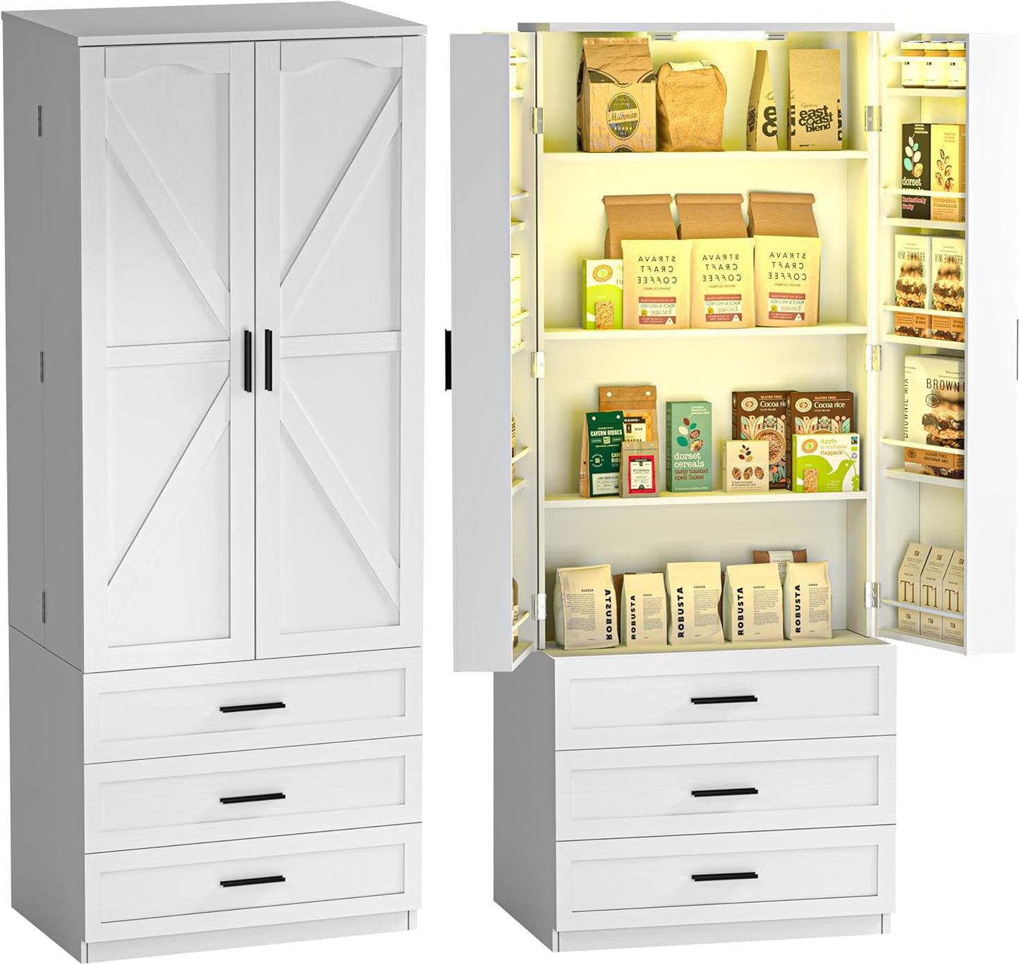 FJTJBSI 72" LED Kitchen Pantry Cabinet with 3 Drawers Farmhouse Tall Storage Cabinet Wood Food Pantry with Barn Doors and Adjustable Shelves Versatile Storage Freestanding Cupboard for Kitchen