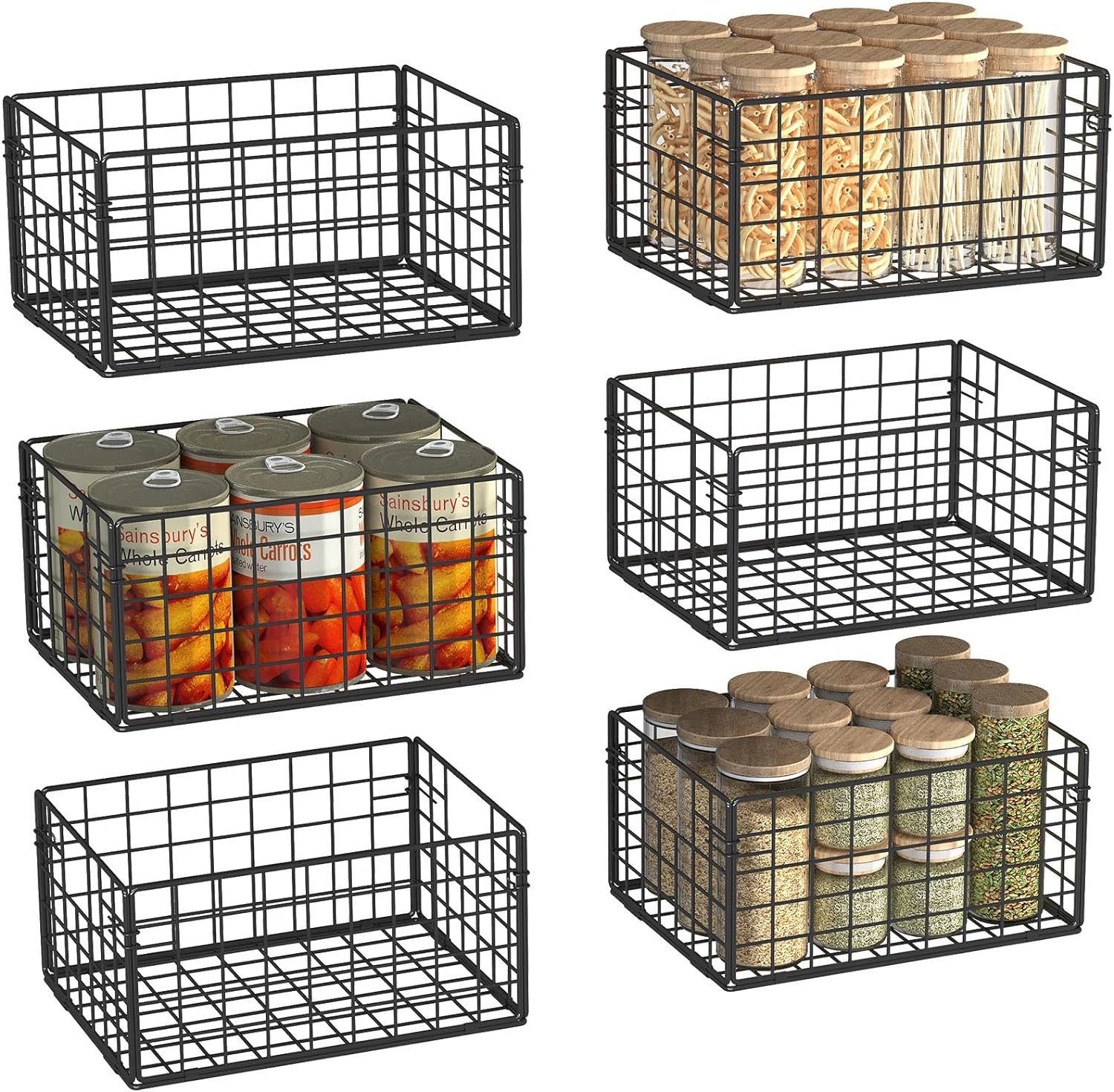 X-cosrack Metal Wire Basket Pantry Baskets Foldable Cabinet Organizers with Handles-6 Pack-12"x9"X6", Food Storage Freezer Organizer Bins for Kitchen Bathroom Laundry Closet Garage - Patent Design