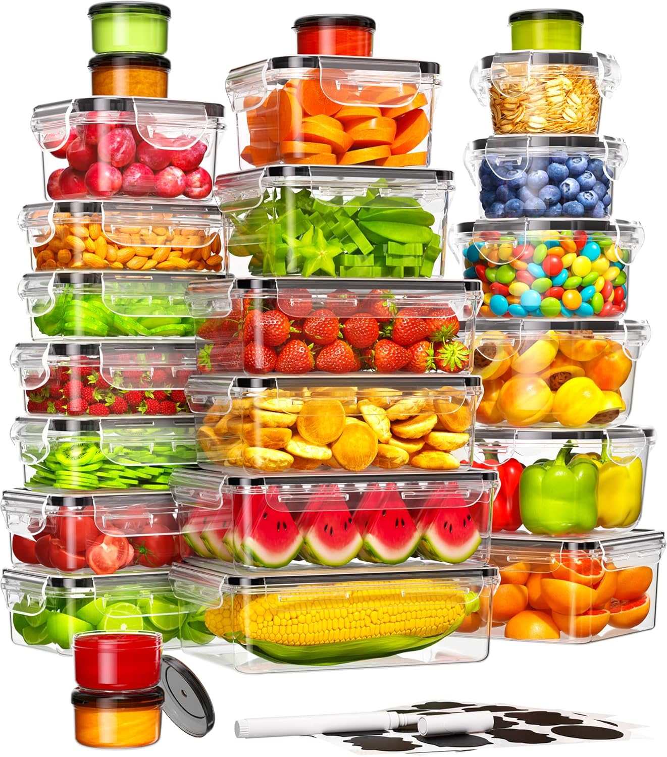 50 Piece Food Storage Containers with Lids(25 Containers & 25 Lids), BPA-Free Plastic Food Containers for Kitchen Storage and Organization, Leak Proof Meal Prep Container, Includes Labels & Pen