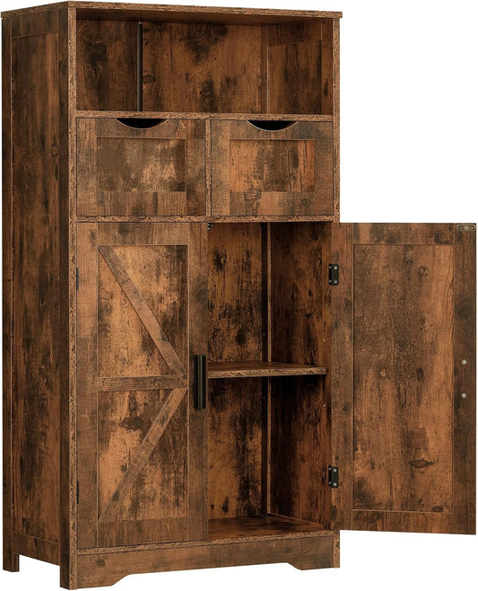 WEENFON Farmhouse Storage Cabinet, Kitchen Storage Cabinet with 2 Adjustable Drawers & Shelf, Floor Cabinets, Cupboard, for Living Room, Home Office, Kitchen, Rustic Brown