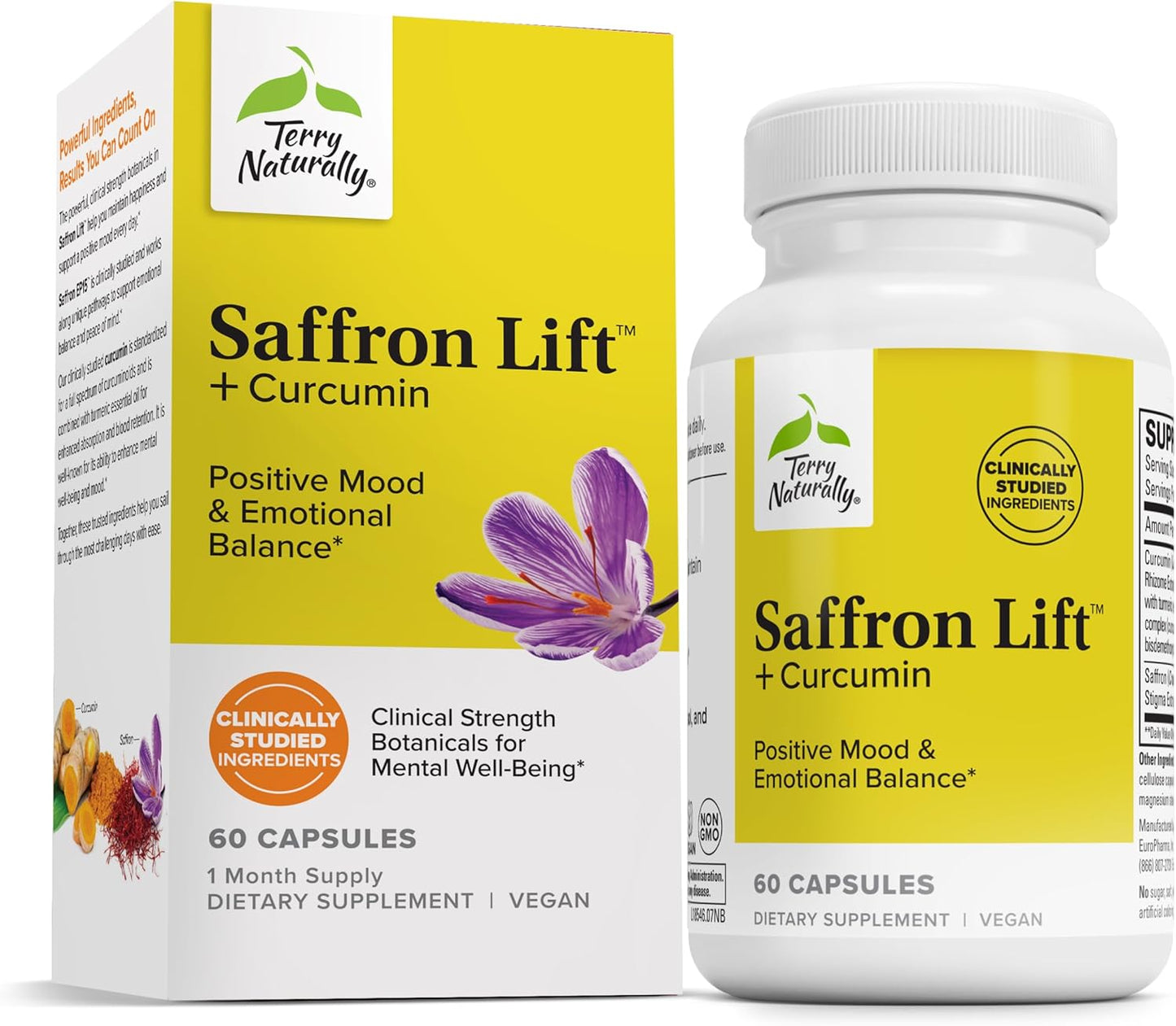 Terry Naturally Saffron Lift + Curcumin - Herbal Supplement with Curcumin - Non-GMO Saffron & Brain Curcumin Capsules - Concentration & Relaxation Support Supplement - 60 Capsules