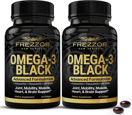 FREZZOR Omega 3 Black for Joint Care & Comfort - New Zealand Green Lipped Mussel Oil Capsules; 53x Higher Potency with UAF1000+ Super Antioxidant, No Fishy Aftertaste, 60 Count (Pack of 2)