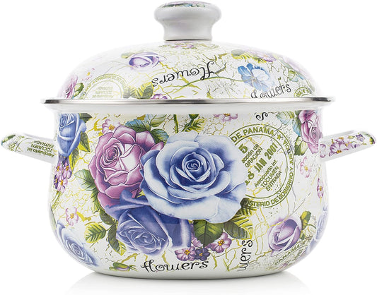 Retro 5QT Flower Enamel on Steel Stock Soup pot with Lid, Stockpots for Cooking