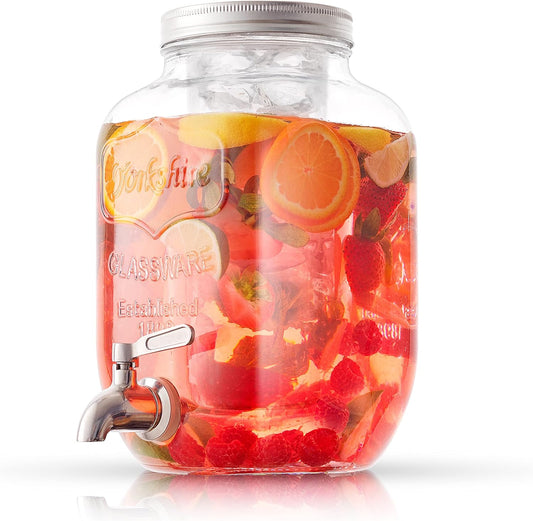 1-Gallon Drink Dispenser. Glass Beverage Dispenser with Stainless steel Spigot plus Ice Cylinder and Fruit Infuser! Water Dispenser, Lemonade Stand, Juice Container - Drink Dispensers for Parties