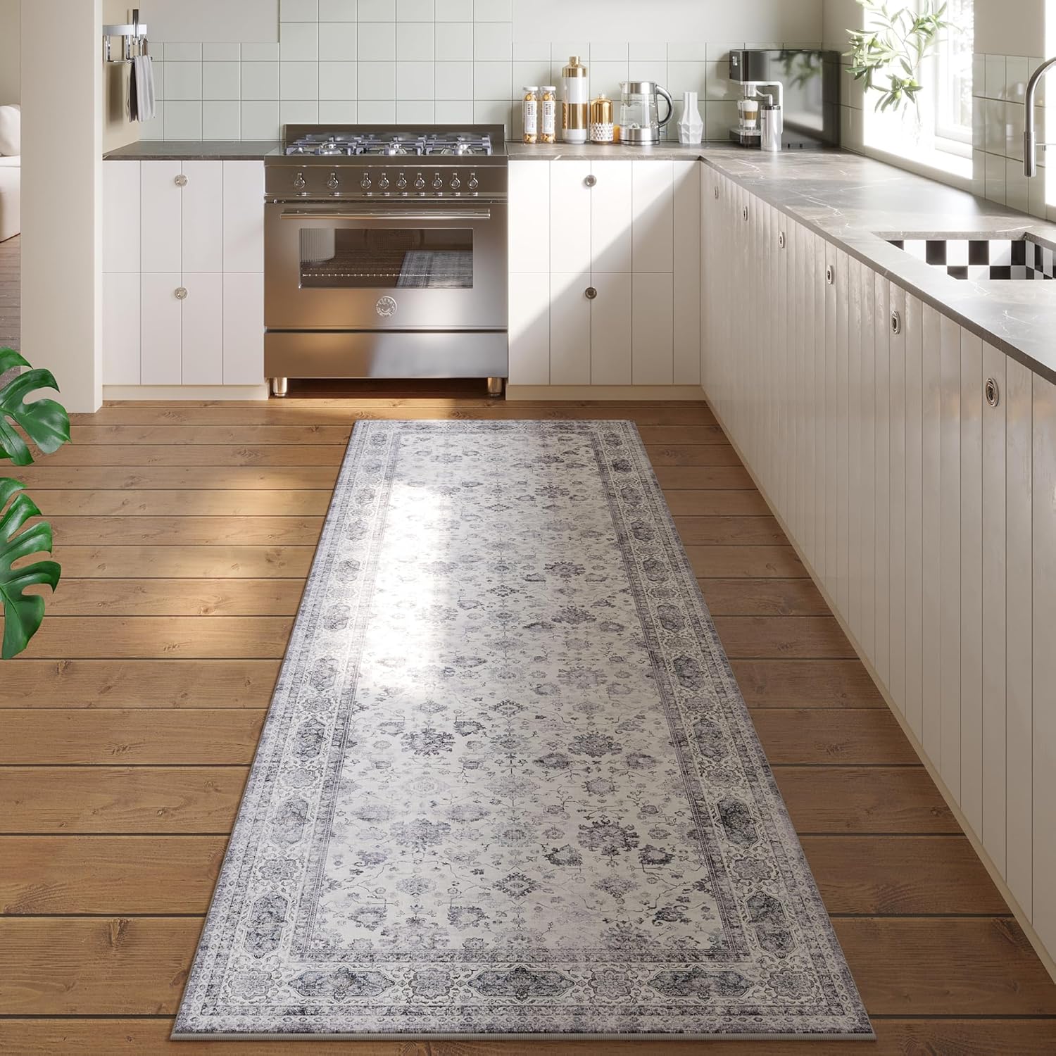 Rugcomf Runner Rug 2'6''x8' Hallway Washable Boho Soft Area Rug Non-Slip Faux Wool Vintage for Kitchen, Entryway, Laundry, Bedroom, Indoor (Grey and White)