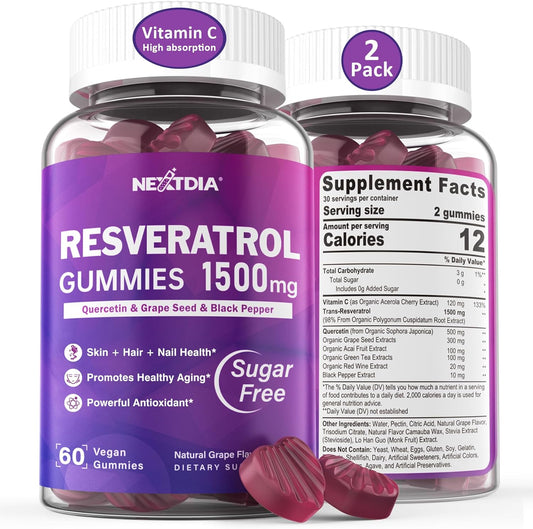 Resveratrol Gummies 1500mg - Sugar Free Resveratrol Supplement with Quercetin, Grape Seed, Acai Berries Extracts Support Antioxidant, Healthy Aging & longevity, Skin, Brain Wellness - Vegan, 2Pack