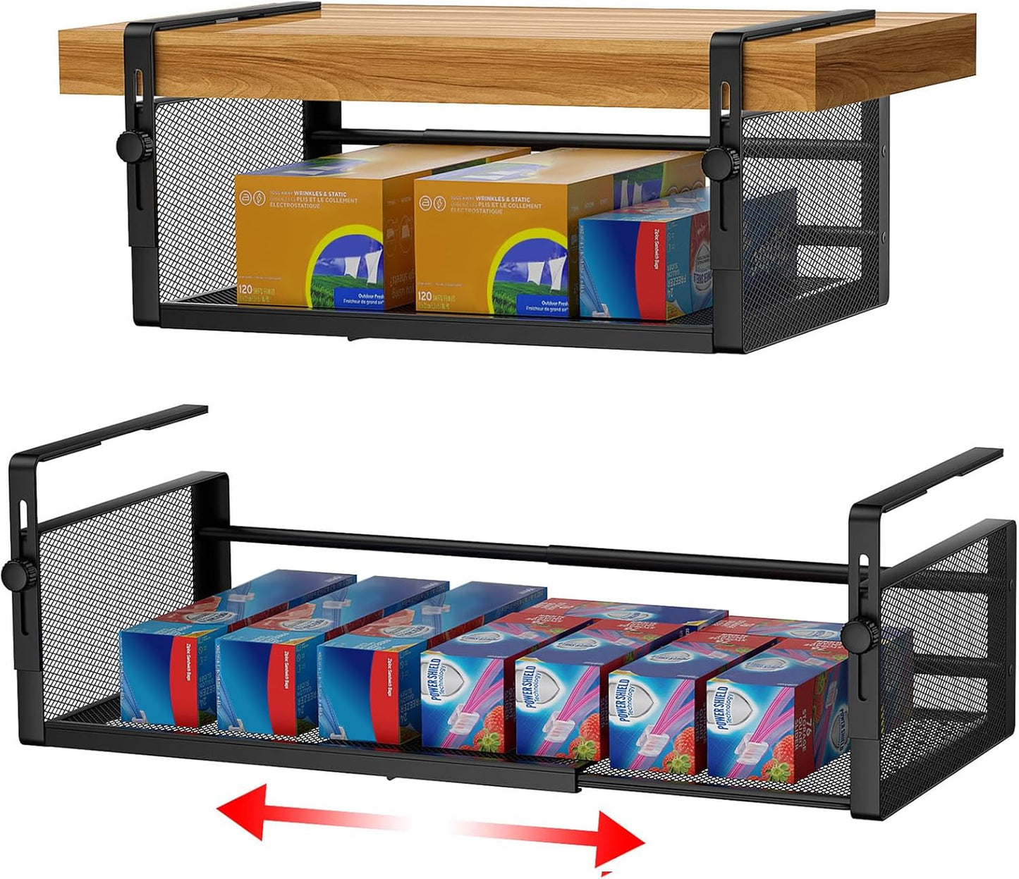 AmonHouseware 2Pack Under Shelf Basket, Adjustable Hanging Under Cabinet Shelf Storage, Hanging Holder Length Stretchable 14.9-22.6Inch for Kitchen Pantry Desk Counter Bookshelf Cupboard (Black)