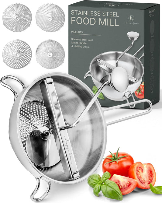 Upgraded 4-Disc Stainless Steel Food Mill – Ergonomic Rotary Design for Tomato Sauce, Applesauce, Baby Food, Mashed Potatoes, Jams, and More