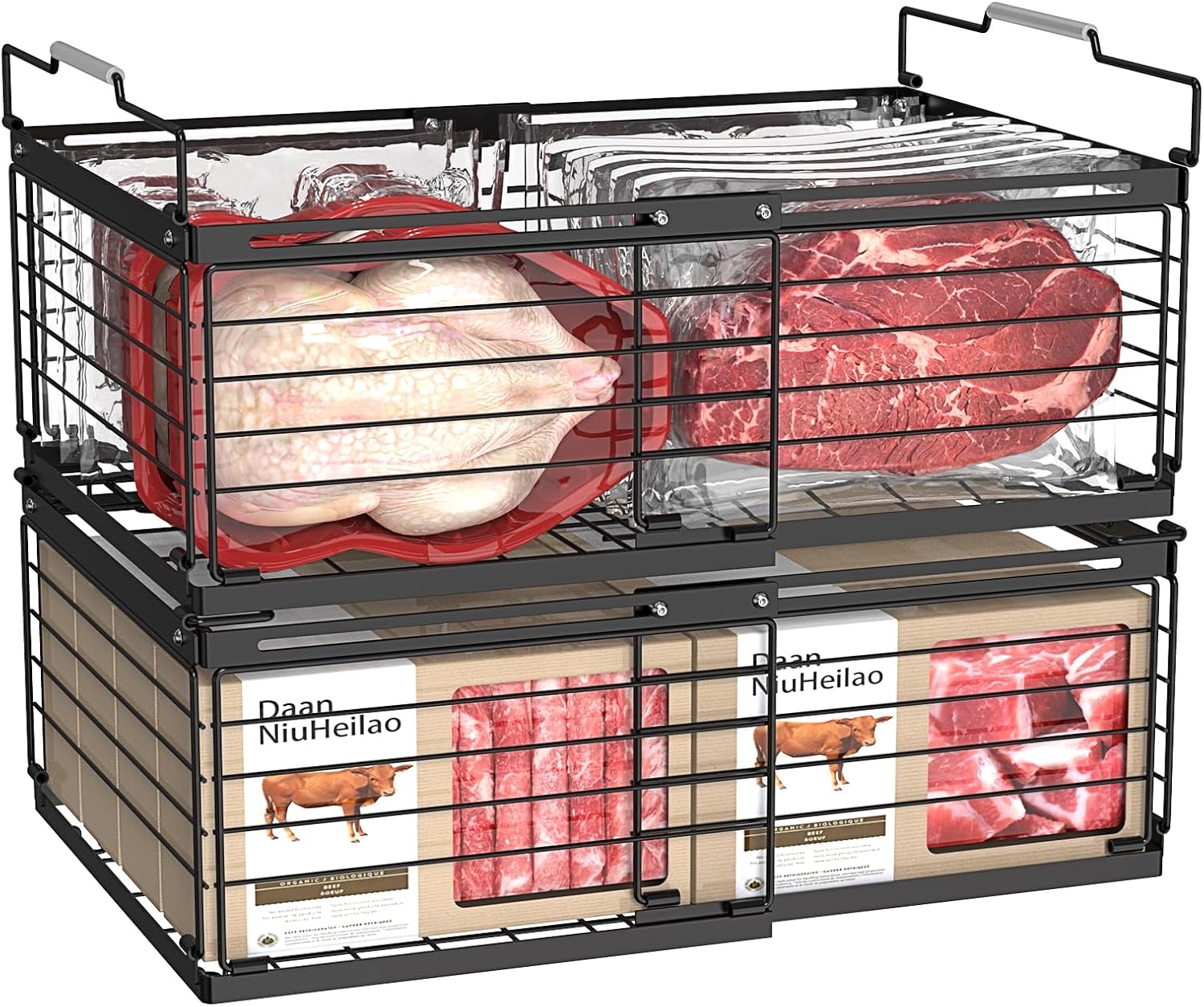 NADAMOO Freezer Organizer Bins, 2 Packs Large Expandable Stackable Chest Freezer Containers with Handle, Metal Adjustable Storage Baskets for Fridge, Deep Freezer, Cabinet, Kitchen, Pantry - Black