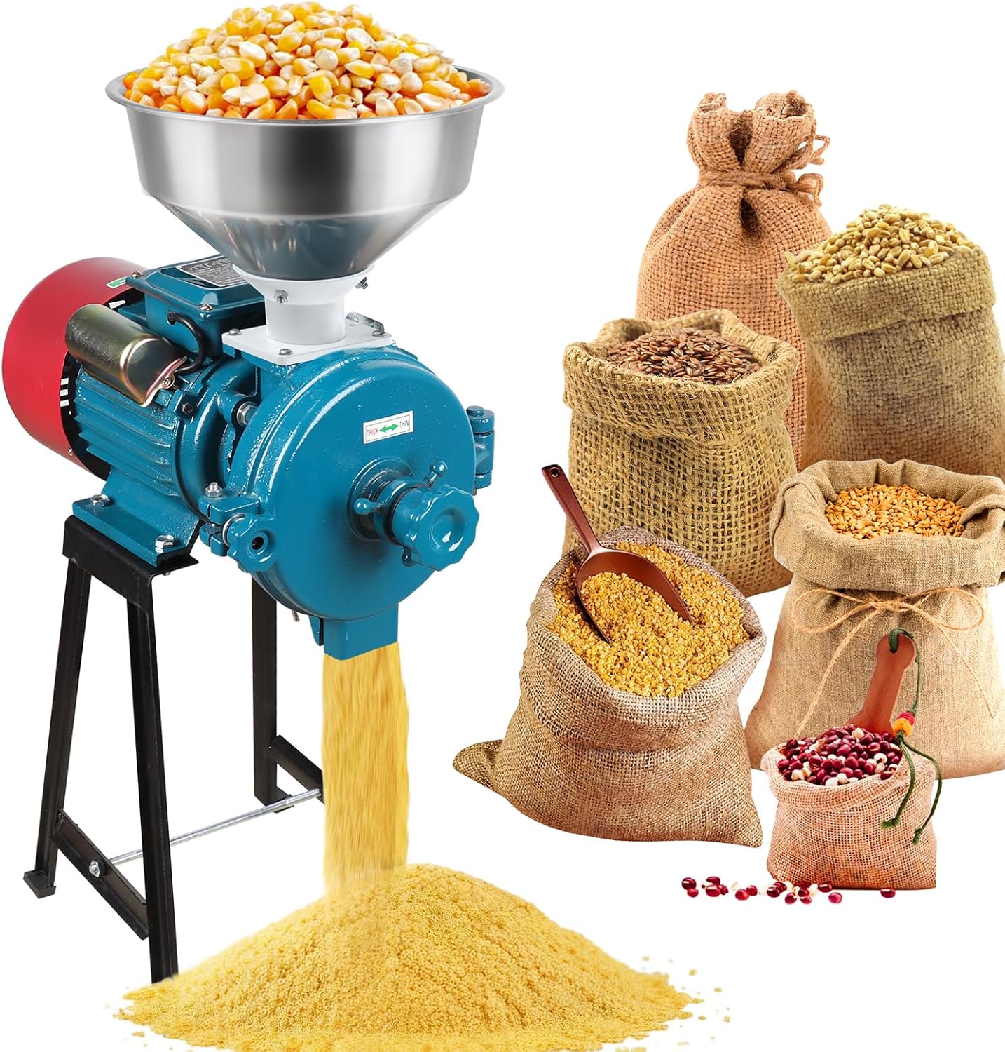 Snowtaros Electric Grain Mill Grinder 3000W 110V, Commercial Corn Grinder with Funnel, Dry Feed Grain Mill Machine, Thickness Adjustable, Powder Grinder for Grain Corn Rice Herbs Pepper (Dry Use)