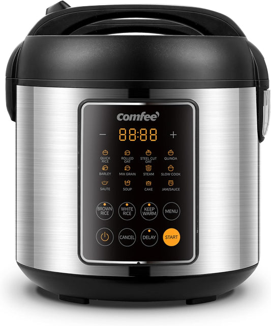 COMFEE' Rice Cooker, 14-in-1 Stainless Steel Multi Cooker, Slow Cooker, Steamer, Sauté, and Warmer, 5.3 QT, 20 Cups Cooked (10 Cups Uncooked), Brown Rice, Quinoa and Oatmeal