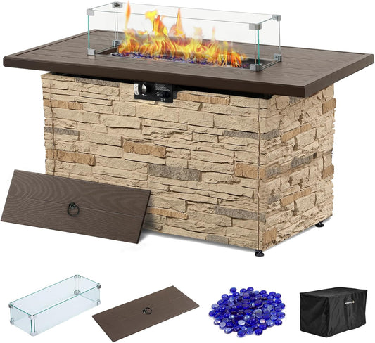 PIZZELLO 43¡± Propane Fire Pit Table Outdoor Rectangular Stone Firepit Table 50,000 Btu Propane Fire Tables for Outside Patio with Glass Wind Guard, Lid, Fire Glass Beads,Buff Rock Look