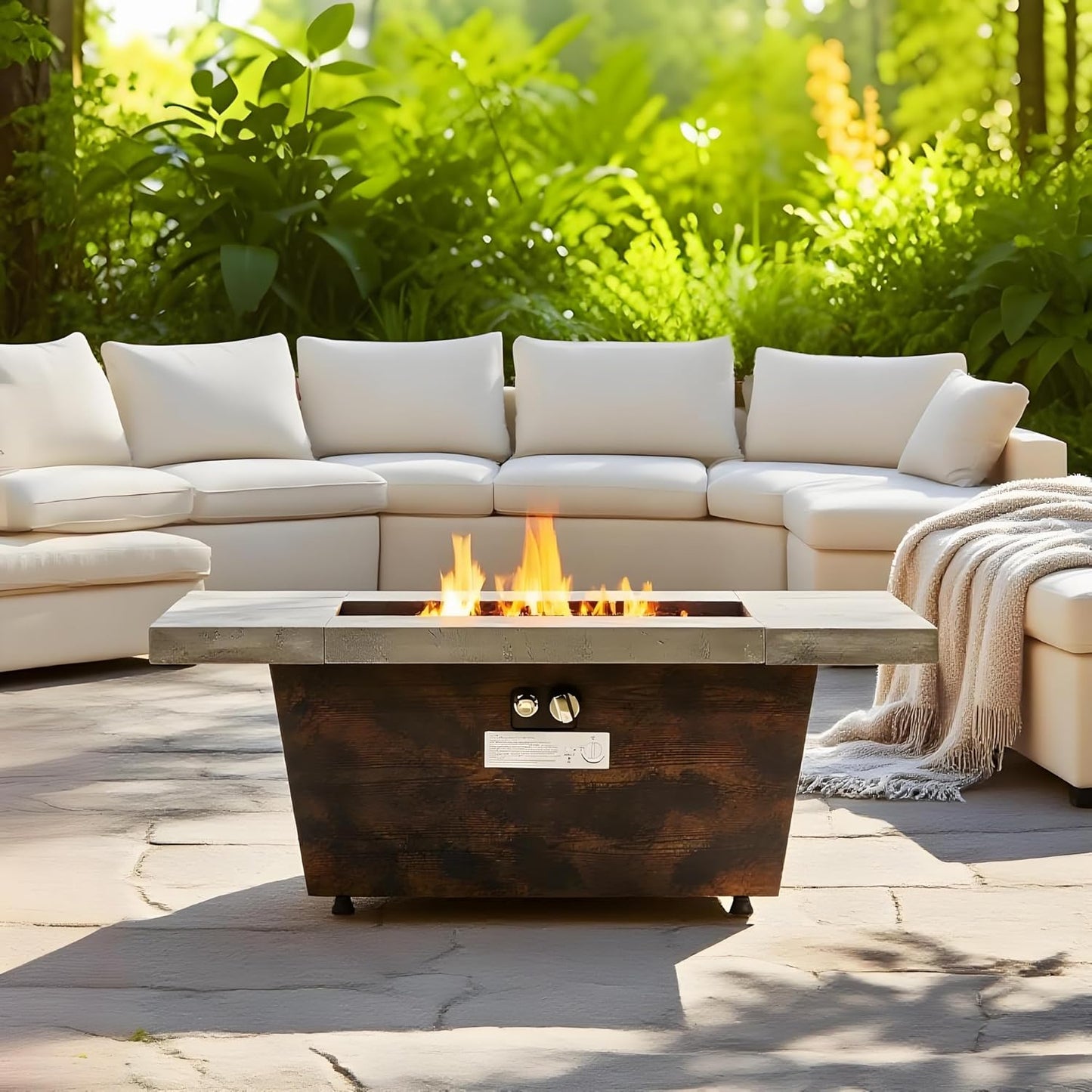 Modern Outdoor Gas Fire Pit Table, Dark Wood Base with Cement-Imitating Texture Effect Design, Rectangle Fire Pit Table 50000BTU Outdoor Firepit Table for Patio, (Propane Tank Not Included)
