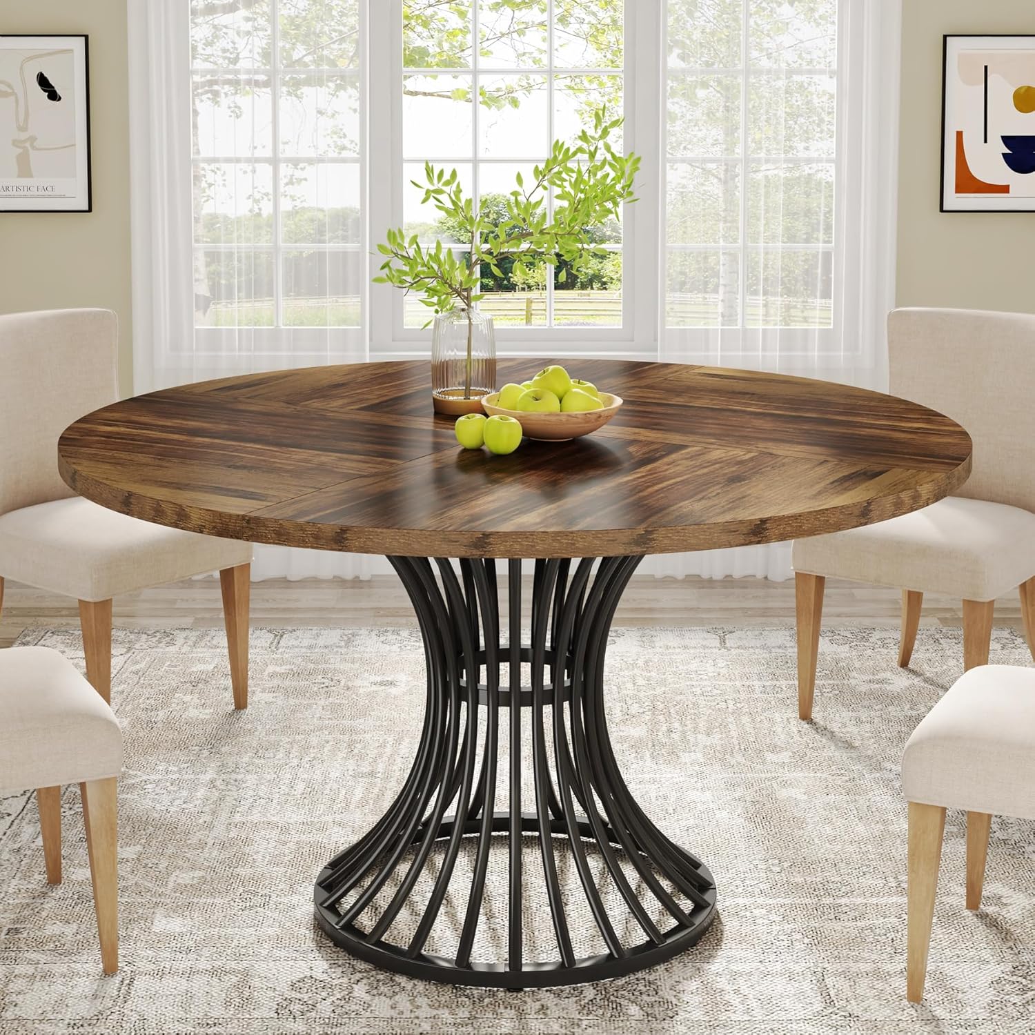 Tribesigns Round Dining Table for 4-6 People, 47-Inch Farmhouse Dinning Room Circle Kitchen Table, Industrial Dinner Table with Metal Base for Kitchen, Living Room, Black and Brown