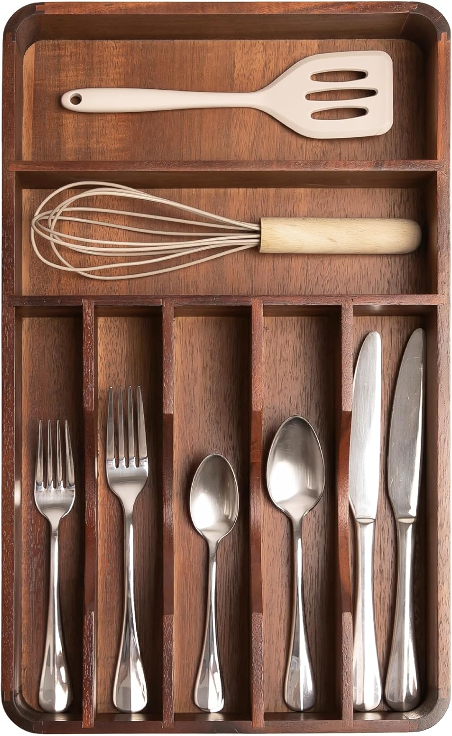 KitchenEdge Silverware Organizer - Cutlery, Flatware, and Utensil Holder for Kitchen Drawers, Fixed 10.5\u201D Width, 7 Storage Compartments, Non-Slip Feet, Rounded Corners, Acacia Wood