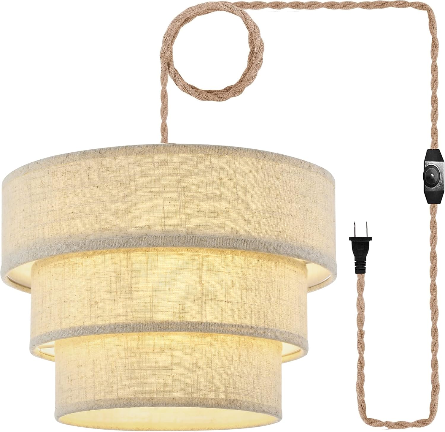 XININSUN 3-Tier Drum Linen Plug in Pendant Light with15ft Hemp Rope Cord E26 Dimmer Switch Hanging Lights Fixture Plug in Chandelier for Kitchen Island Dining Room Entryway Hallway-1Pack