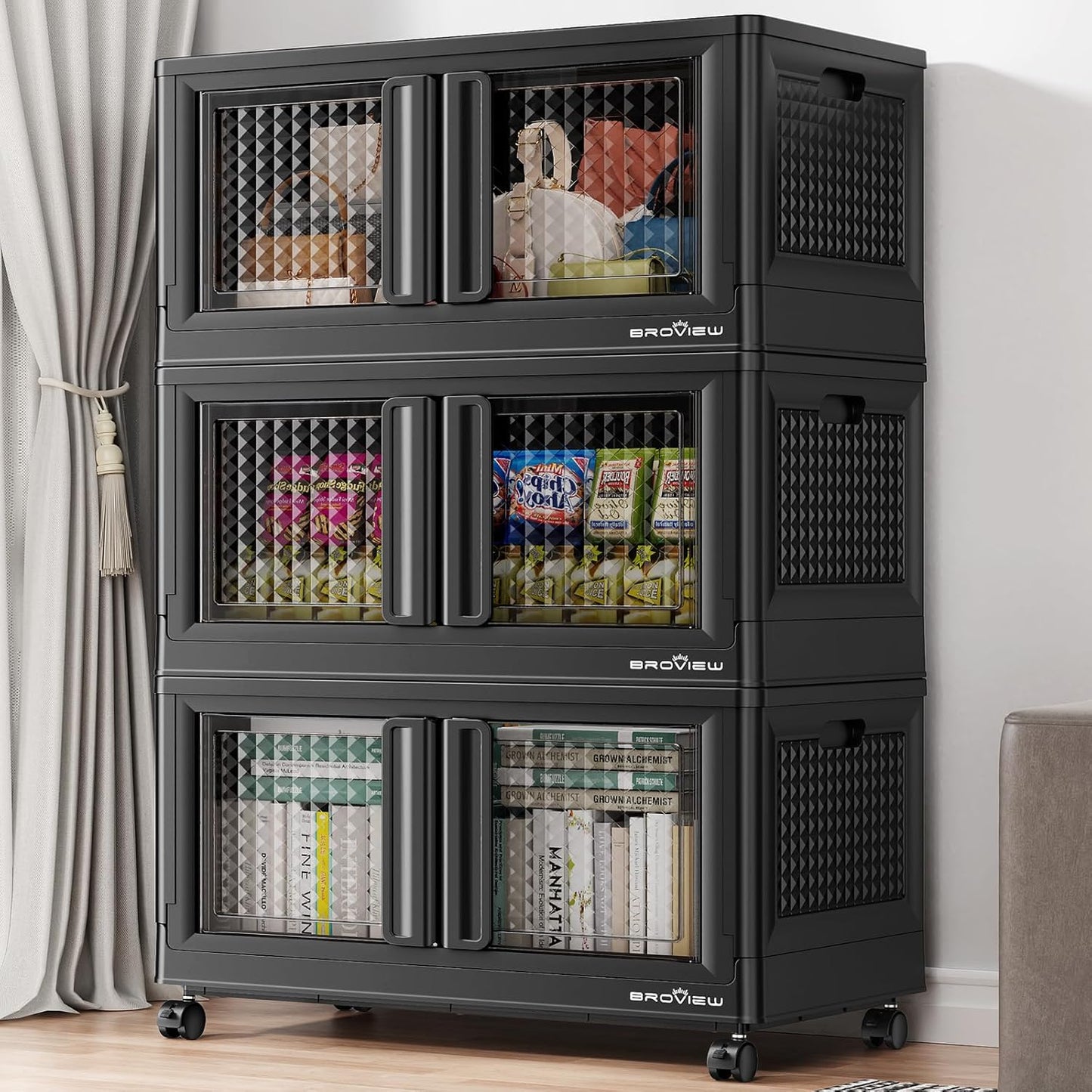 BROVIEW 300Qt Stackable Storage Bins with Lids, 75Gal Closet Organizers and Storage Drawer, Plastic Collapsible Storage Bins with Doors, Heavy Duty Store Box Cabinet for Home Kitchen, 3Pack Black