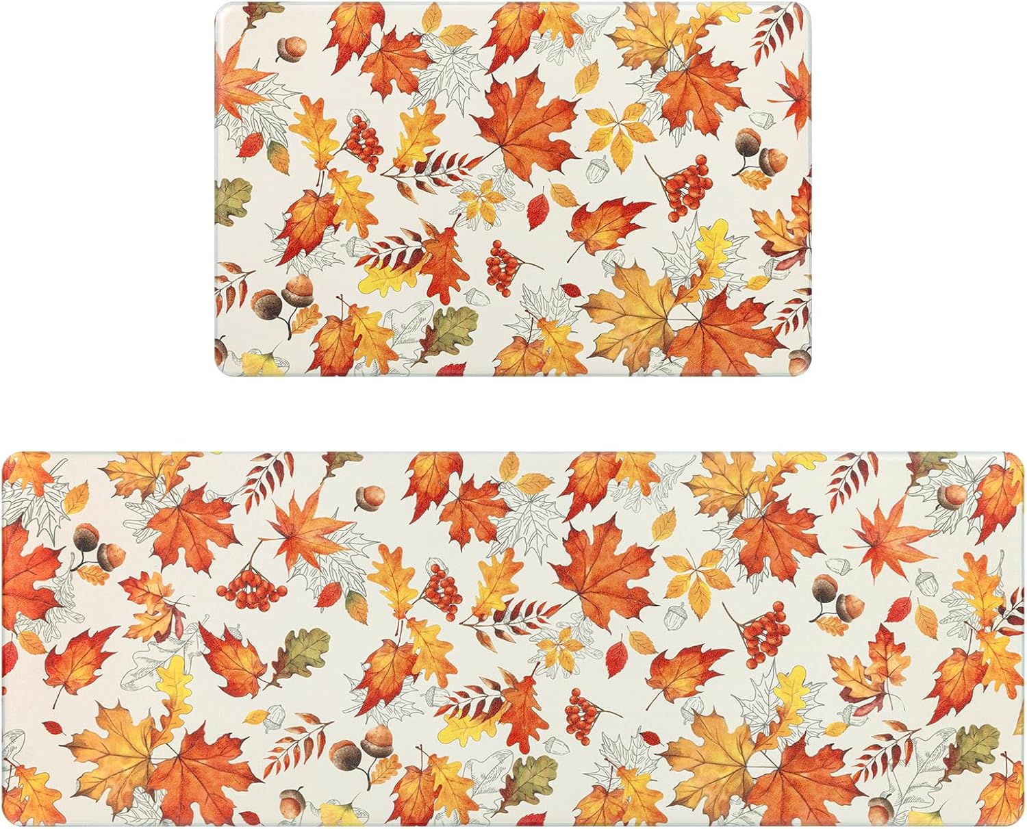 SHACOS Fall Anti Fatigue Kitchen Mats 2 Pcs Orange Maple Leaves Acorn Nuts Autumn Non Slip Cushioned Floor Mat for Kitchen Ergonomic Standing Mats Home Decor, 17x27.5+17x47, Maple & Acorn