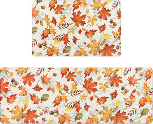 SHACOS Fall Anti Fatigue Kitchen Mats 2 Pcs Orange Maple Leaves Acorn Nuts Autumn Non Slip Cushioned Floor Mat for Kitchen Ergonomic Standing Mats Home Decor, 17x27.5+17x47, Maple & Acorn