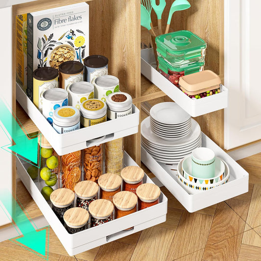 4 Pack Pull Out Cabinet Organizer, Different Size Pull Out Drawers for Cabinets, Slide Out Drawers for Kitchen Cabinets Fixed with Nano Adhesive, Multifunctional Drawer Organizers (White)