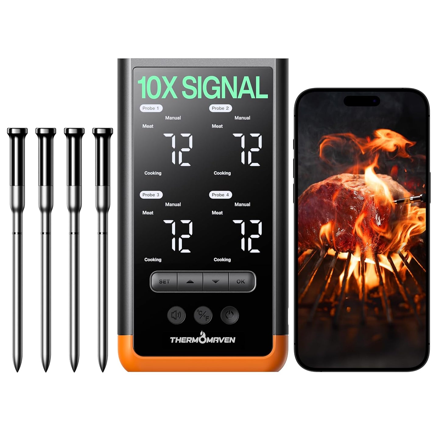 ThermoMaven Wireless Bluetooth Smart Meat Thermometer: Standalone Base, WiFi Thermometer with Sub-1G, 6 Sensors NIST Certified Accuracy, 4 Probes, for Kitchen, BBQ, Grill, Oven, Smoker, Rotisserie