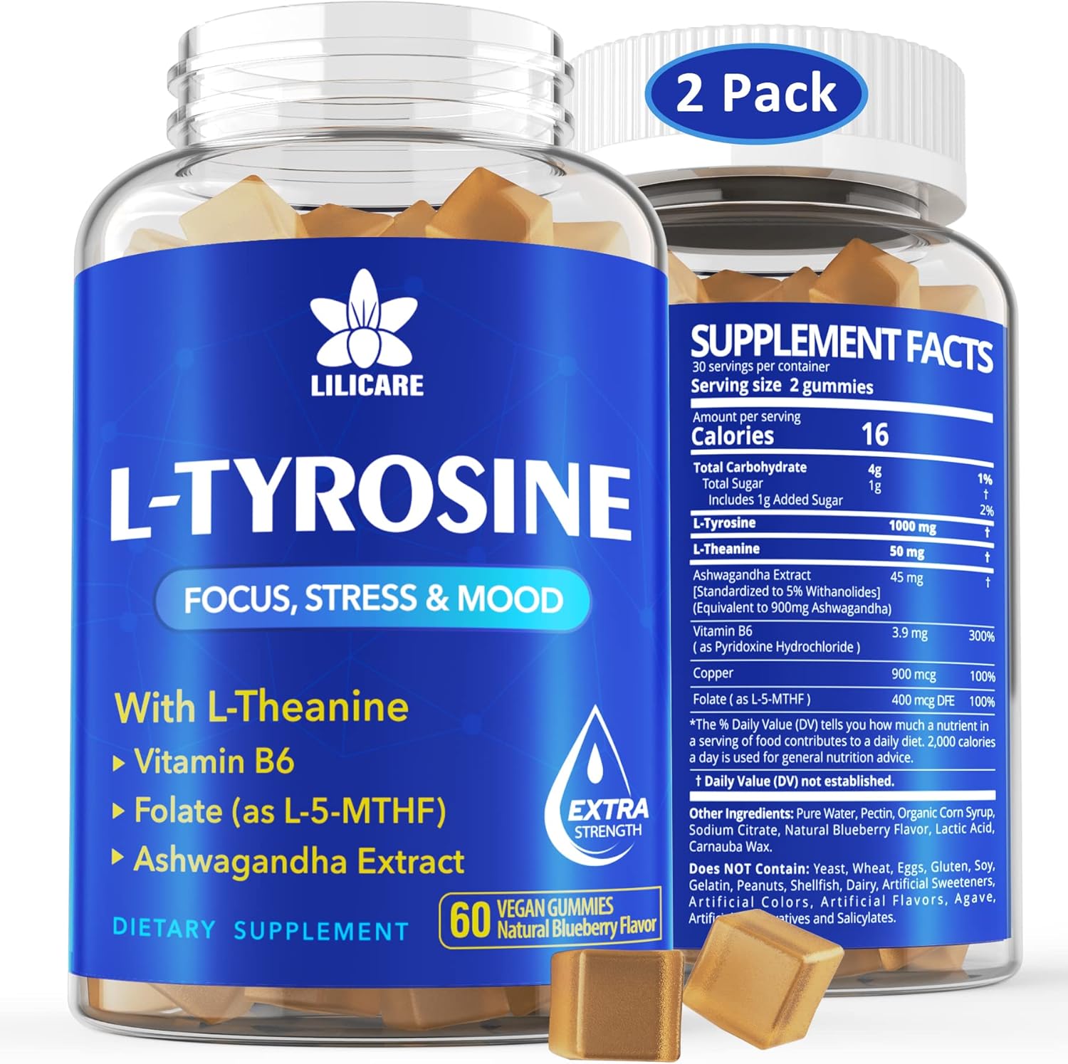 L Tyrosine Gummies 1100mg Mood Support Blend, with Ashwagandha, L-Theanine, Vitamin B Complex B6, Folate(Vitamin B9), Focus & Memory, Cognition & Brain Function, Energy Boost,Stress Support, 2Pc\/120ct