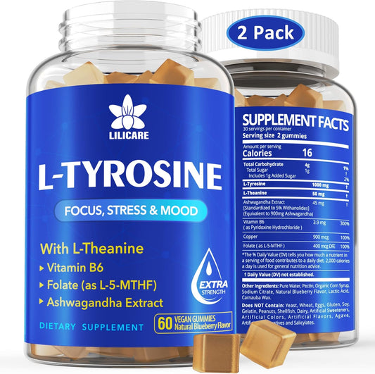 L Tyrosine Gummies 1100mg Mood Support Blend, with Ashwagandha, L-Theanine, Vitamin B Complex B6, Folate(Vitamin B9), Focus & Memory, Cognition & Brain Function, Energy Boost,Stress Support, 2Pc\/120ct