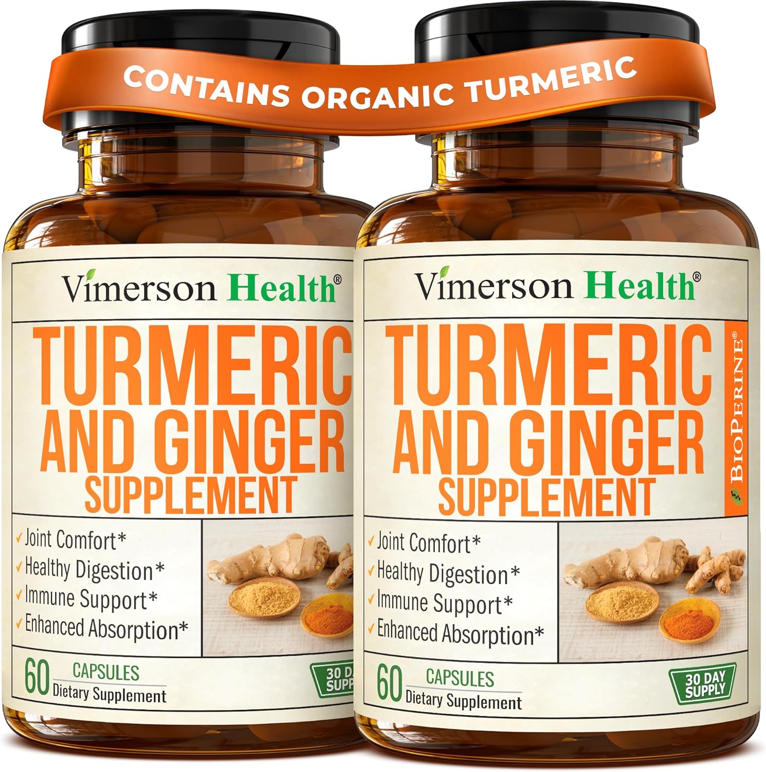Turmeric Curcumin Supplement with Ginger for Joint Support, Digestive & Gut Health - Contains Organic Turmeric Curcumin with Black Pepper (Bioperine) for Max Absorption - Ginger Root Capsules - 2 Pack