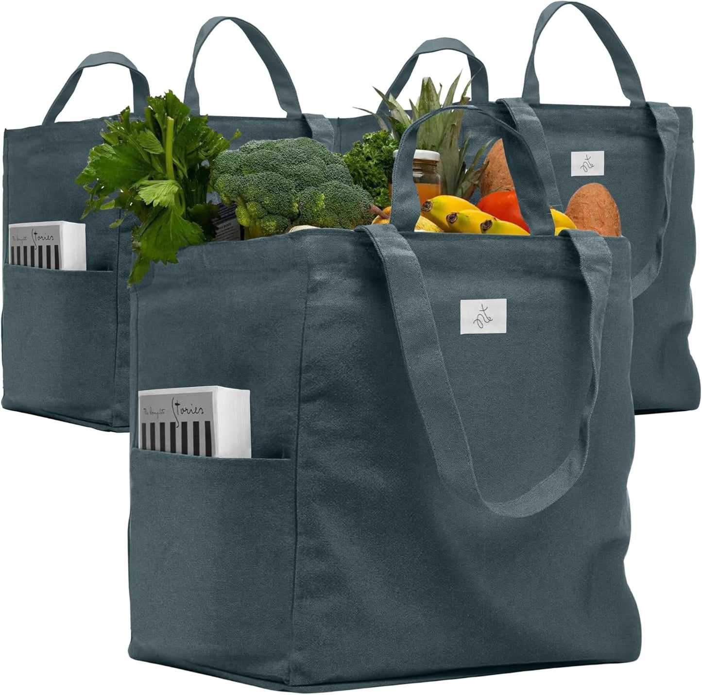 Nook Theory 3 Pcs Reusable Grocery Bags - Heavy Duty Canvas Bags, Large Reusable Shopping Bag, Picnic, 100% Cotton (Ocean)
