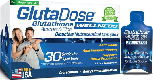 Liquid Glutathione Supplement, Lemon Berry Flavored Acerola Energy Booster w\/Zinc, Daily Vitamins & Minerals, Zero Sugar Formulation, Everyday Auto-Immune Support for Adults, 0.34 fl oz, Pack of 30