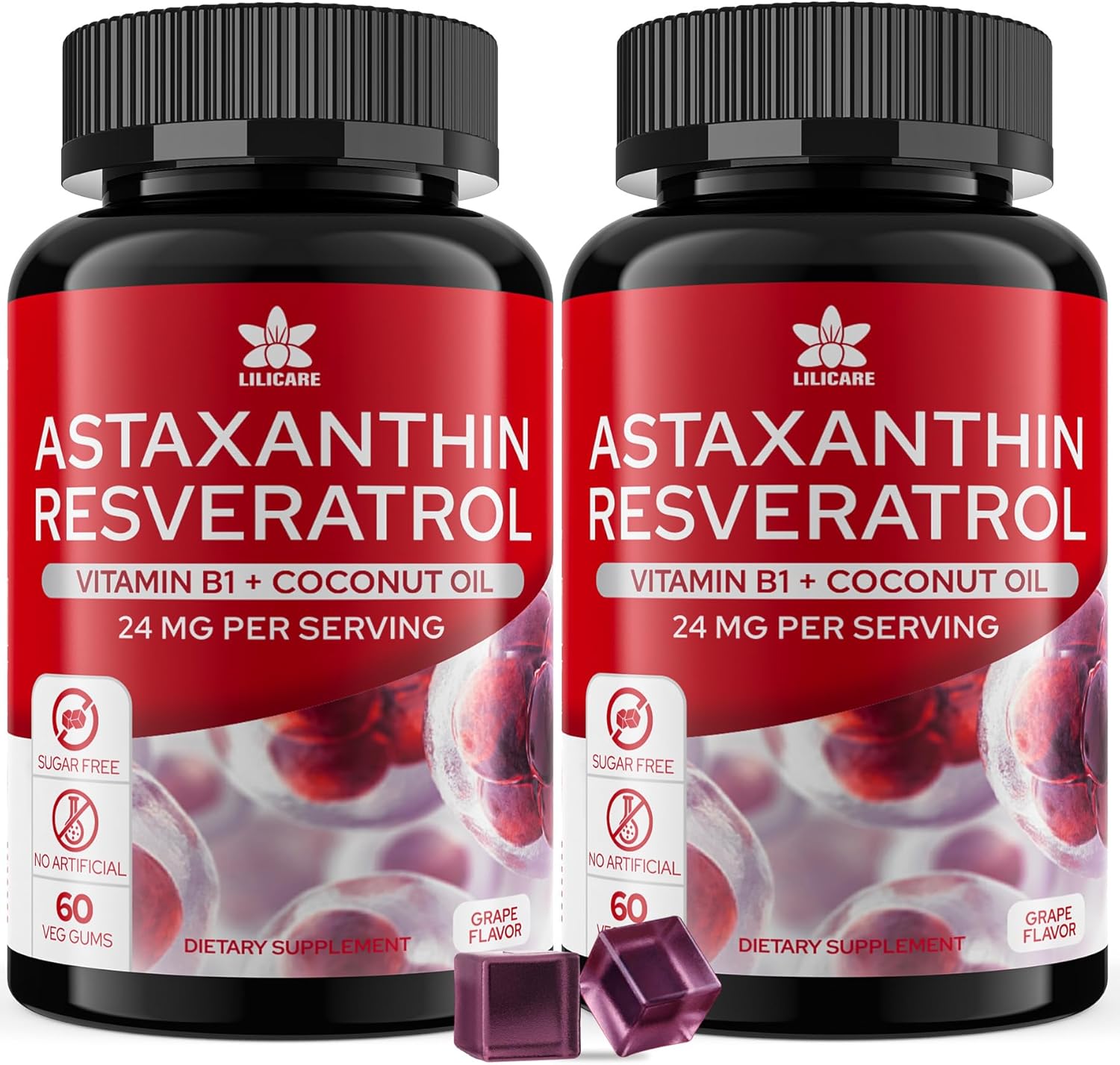 Sugar-Free Astaxanthin 24mg Gummies with Resveratrol, Vitamin B1, Coconut Oil - Powerful Antioxidants Supplement for Men & Women Healthy Aging, Skin, Eyes, Joints, Immune - Vegan, Non-GMO 120 Servings