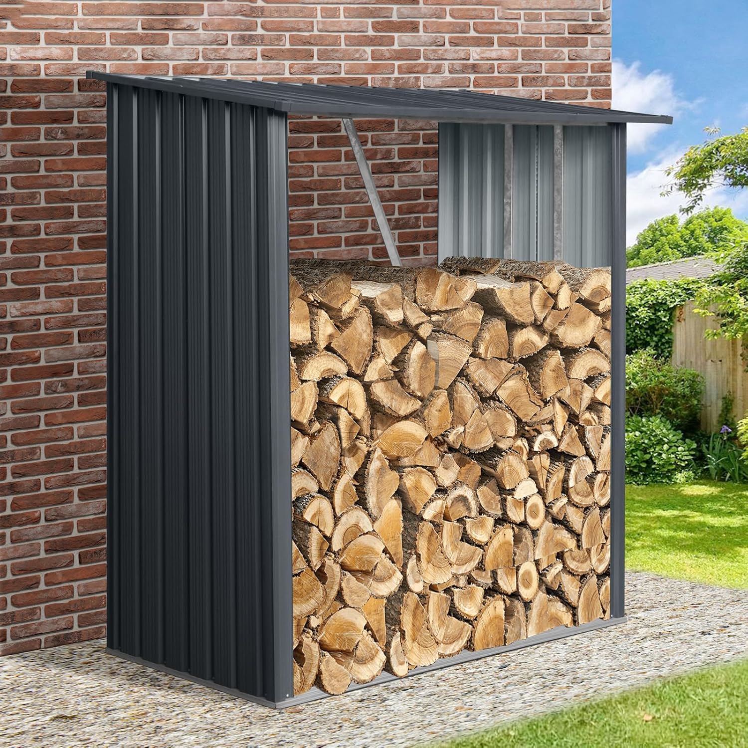 Outdoor Steel Firewood Shed Rack Open-Front Log Holder Sloped Rain-Runoff Roof Galvanized Metal Frame Ventilated Sides Elevated Base Rust-Resistant Construction Yard Woodpile Organizer (Black,3x5FT)