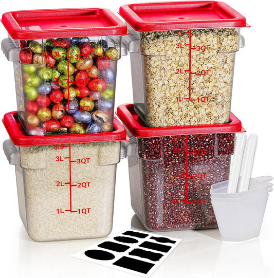 4QT NSF Food Storage Containers: 8 PCS [Food Grade][Hot&Cold Resistant] Commercial Clear Food Storage Containers with Lids for Restaurant Kitchen Proof Dough, Measuring Spoons Included(BPA FREE)