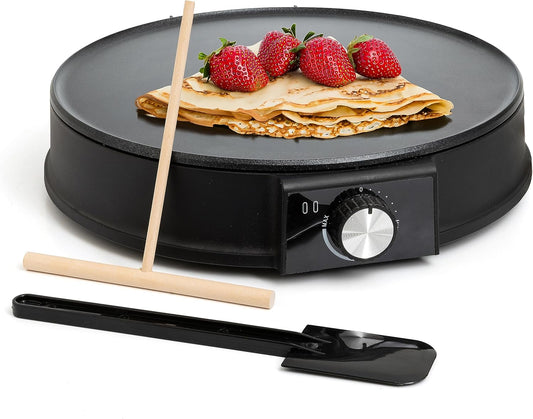Moss & Stone 12\u201D Electric Griddle Pan & Crepe Machine, Non-Stick Electric Crepe Maker with Adjustable Temperature, Includes Spreader & Spatula \u2013 Ideal for Pancakes, Blintzes & Tortillas