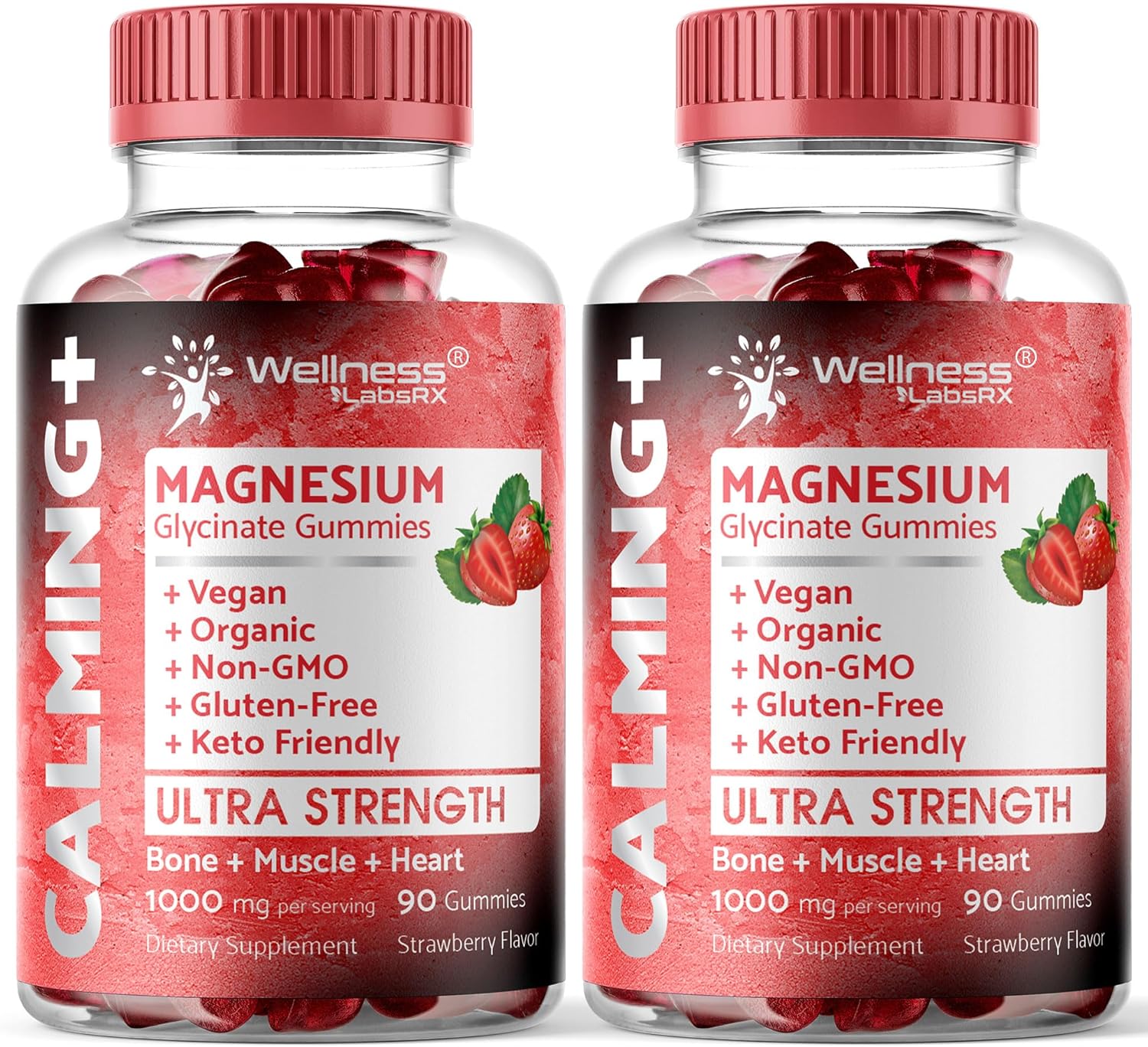 Magnesium Glycinate Gummies, 1000 mg - Magnesium Supplement to Support Relaxation, Heart Health - Chewable Calm Magnesio Gummies for Adults, Glicinato De Magnesio - Strawberry Flavor - Pack of 2