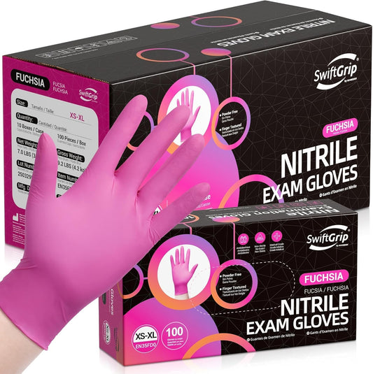SwiftGrip Powder-Free Nitrile Gloves, 3-mil, Disposable Nitrile Gloves, Latex-Free, Powder-Free - Pink\/Fuchsia