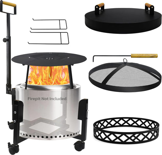 FEBTECH Spark Screen, Heat Deflector, Firepit Lid, Trolley Stand and Base Ring Combo - Compatible with Solostove Bonfire and Other 19.5" Fire Pit - 5 in 1 Firepit Accessories for Patio, Bonfire, Deck