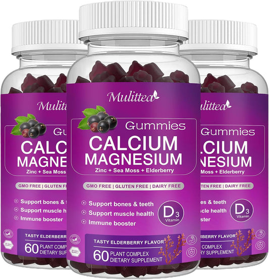 Calcium Magnesium Zinc Gummies with High Absorption Magnesium Glycinate 200mg, Potassium -Plant Calcium Supplement w\/ D3 & Sea Moss for Bone, Muscles, Calm Mood & Sleep Support- Kids & adults (3 Pack)
