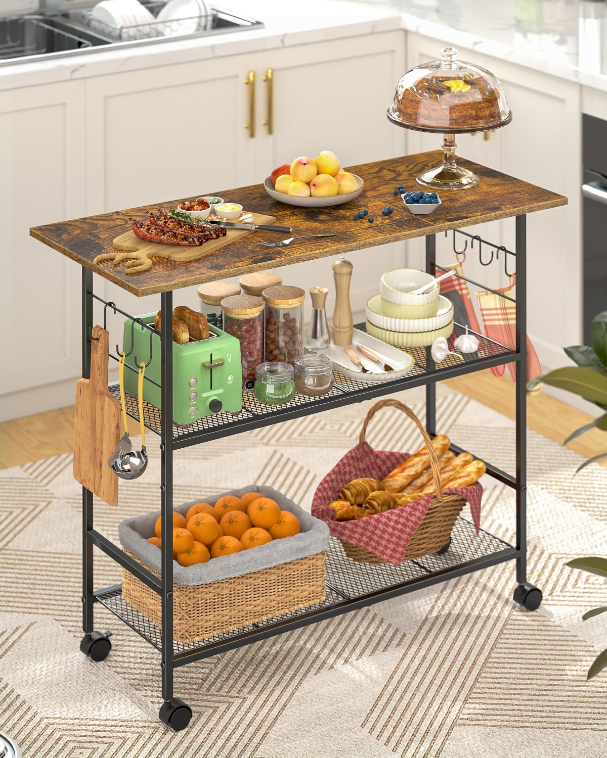 Kitchen Island with 3 Shelves, Rolling Kitchen Cart with 6 Hooks and Protective Shelf, Microwave Stand on Lockable Wheels, Bakers Rack Coffee Bar for Dining, Living Room, Outdoor, Metal Frame