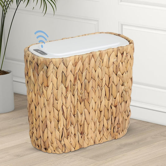 Trongee Boho Kitchen Trash Can with Lid,3.5 Gallon Automatic Small Rattan Trash Can,Slim Wicker Motion Sensor Garbage Can and Hamper 2 in 1 for Bathroom,Narrow Waste Basket for Office, Living Room
