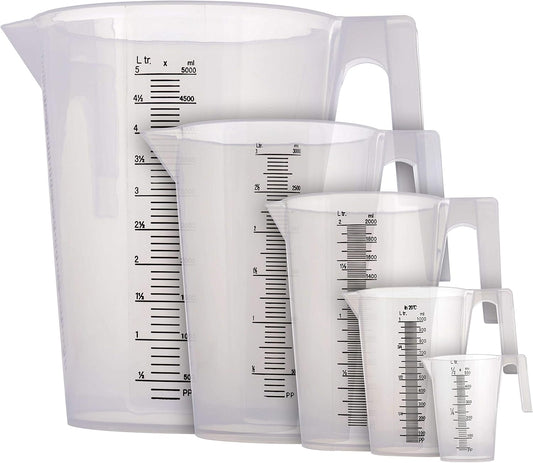 TCP Global 5 Piece Set of Plastic Graduated Measuring and Mixing Pitchers - 500, 1000 Quart, 2000, 3000, 5000 ml Gallon Sizes - Pouring Cups, Measure & Mix Paint, Resin, Epoxy, Kitchen Cooking Baking