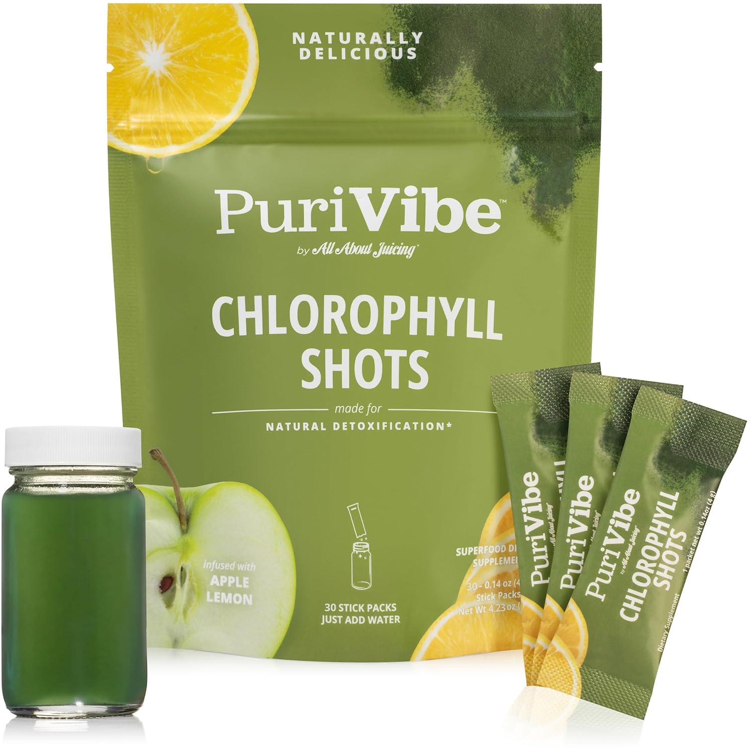 All About Juicing Chlorophyll Green Juice Shots - Clean Energy, Detox, Alkalize - 30 Stick Packs - Superfood Juice Powder - PuriVibe