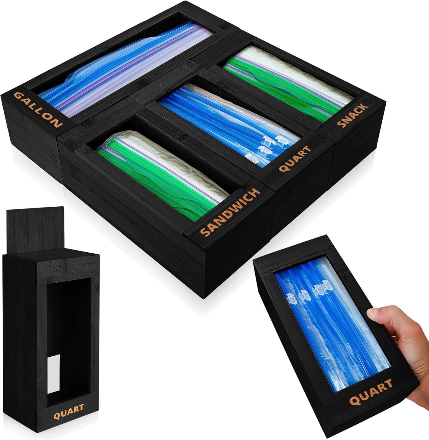 mHomeBilt Bag Storage Organizer - Bamboo Food Plastic Baggie Holder, Dispenser, and Container for Kitchen Drawer - Fits Major Brand's Gallon, Quart, Sandwich & Snack Sized Slider Bags (Black)