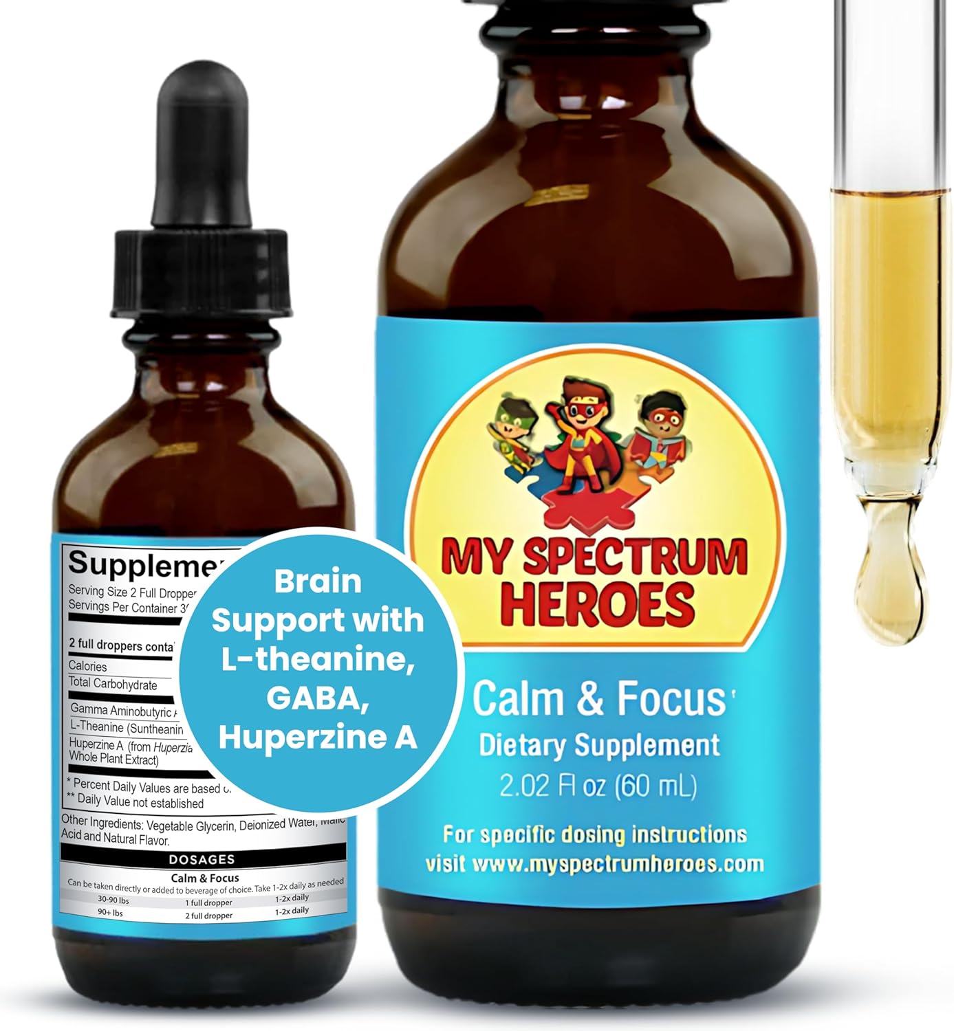 My Spectrum Heroes Calm & Focus Supplement Drops - Brain Support with L-theanine, GABA, Huperzine A - Enhance Focus for Kids or Adults - Boost Concentration for Kids & Teens - 2.02 FL oz. (60 ml)