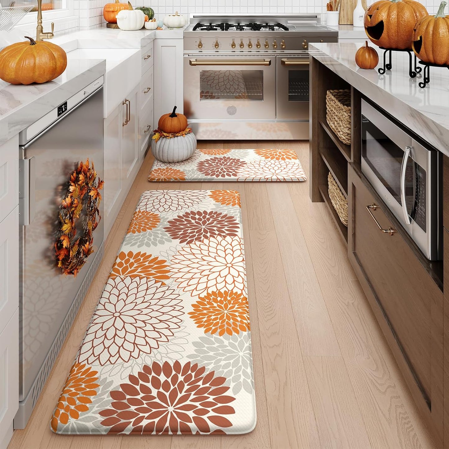 KIMODE Kitchen Mats for Floor Anti Fatigue, 17"x47"+17"x29" Floral Kitchen Floor Mats, Fall Farmhouse Kitchen Rugs Non Slip Cushioned, Comfort Standing Desk Mat for Sink, Laundry, Desk Orange