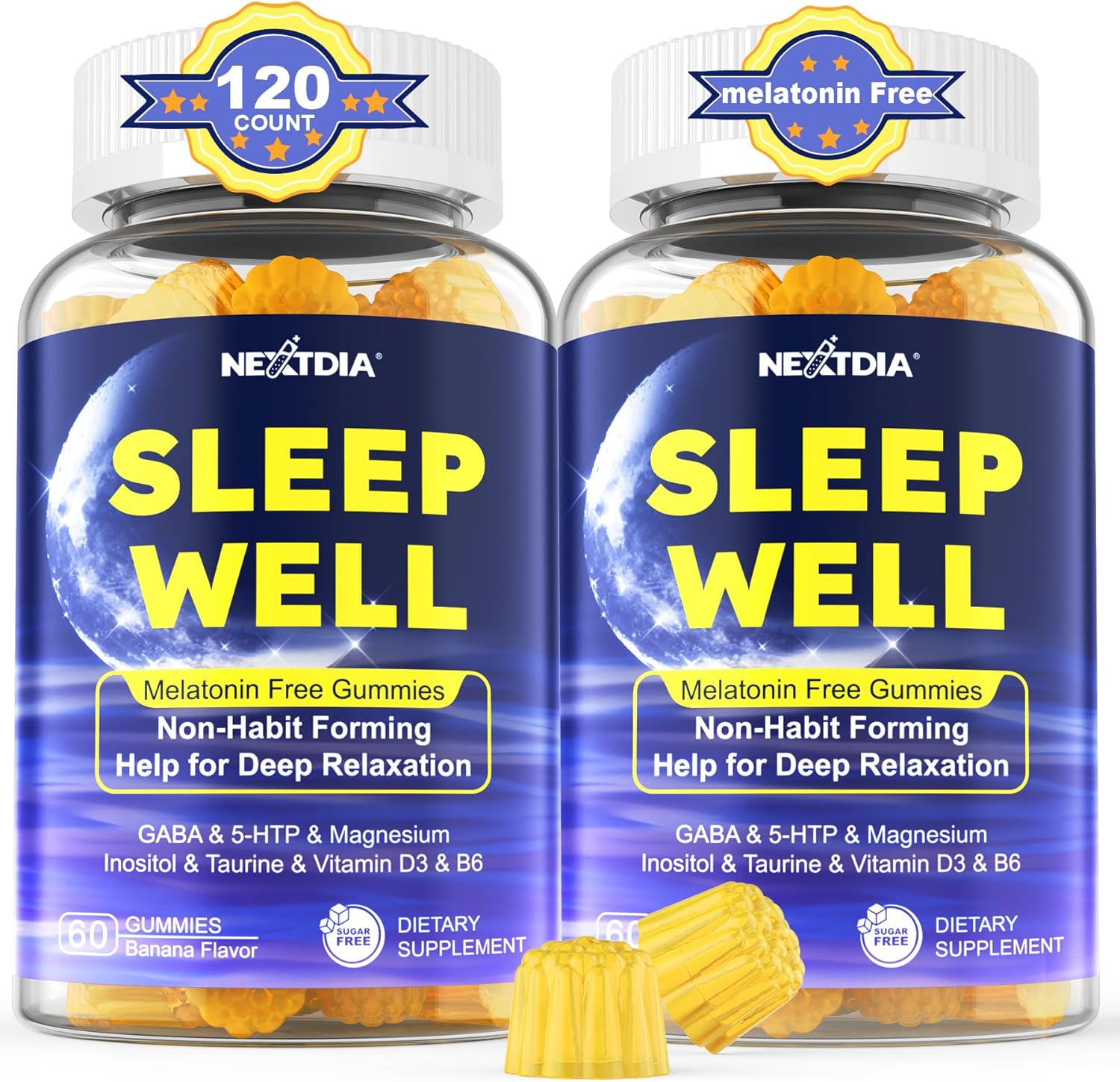 Melatonin Free Sleep Gummies with Magnesium Glycinate, GABA, 5-HTP, L-Theanine, Valerian, Chamomile, Lemon Balm, Vitamin D3 & B6 - Hormone & Drug- Free, Non-Habit Forming,2 Pack