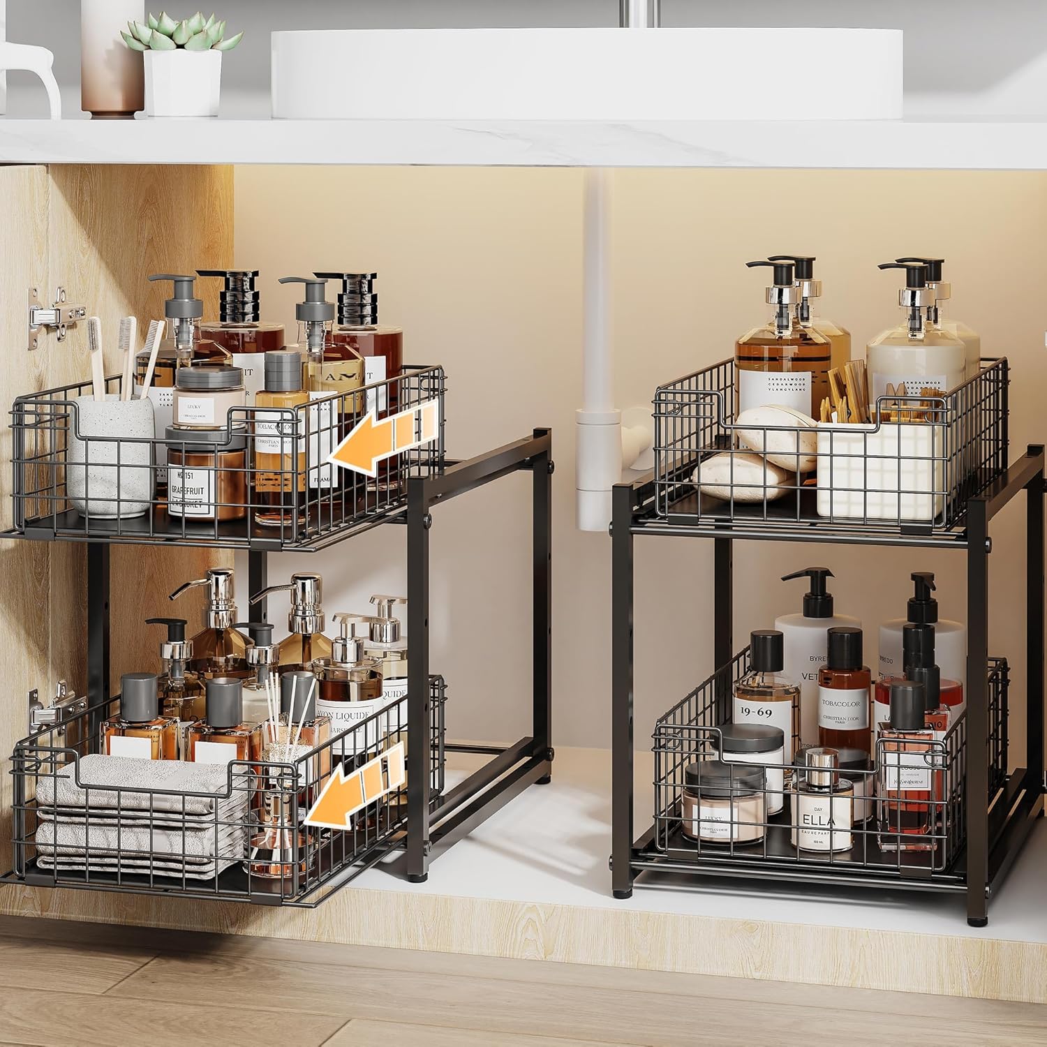 Under Sink Organizer, 2-Tier Pull Out Cabinet Organizer, Kitchen Bathroom Organizer and Storage, Spice Rack for Kitchen, Multi-use Sliding Drawers Shelves, Pack of 2