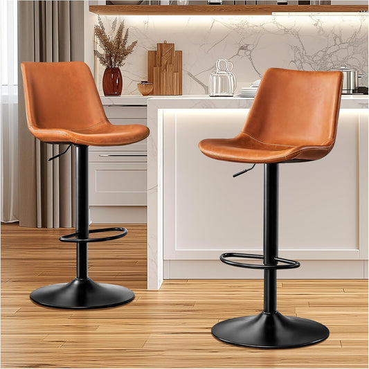 STOOLINK Vintage Bar Stool Height Adjustable Crazy Horse Leather Bar Chair X-Large Base and Seat Bar Stools, Ergonomic Bistro Stool with Footrest for Kitchen Dining Bistro Pubx Set of 2 Whisky Brown