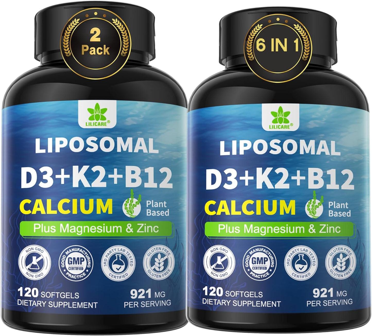6-in-1 Liposomal Vitamin D3 K2 Calcium Supplement - Plant Based Calcium 600mg with Vegan Vitamin D3 5000 iu + Vitamin K K2 MK7 + B12, Algae Ca-lcium Magnesium Zinc for Bone, Softgels, 2 Pack